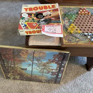 Parchesi & Trouble games, picture, bench, 23.5x14x17"