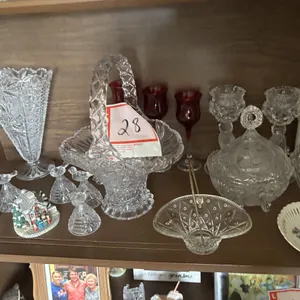 Bird design glass, vase, stemware, covered dish, basket etc.
