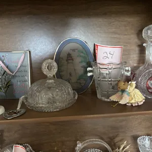 decanter, lighthouse picture, figurine, glass dish