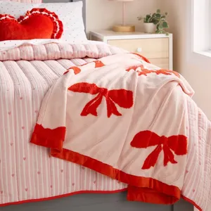 **NEW** Pillowfort Patisserie French, Pink Chenille Throw Bedding Blanket, Red Bows