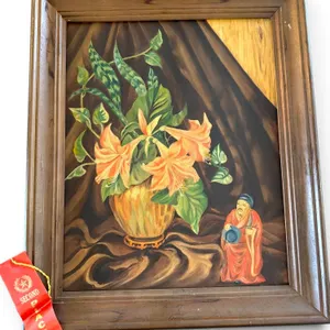 Framed Floral Still Life Painting with Monk Figure