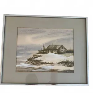 BK Welch Framed Watercolor Cabin Landscape Painting