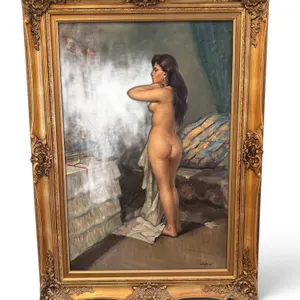 European School (20th C.) Standing Female Nude, Oil Painting on Canvas, Signed Catini, Ornate Carved