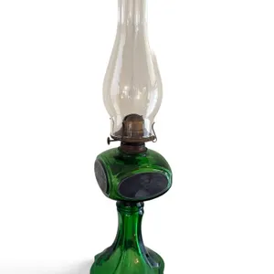 Green Glass Oil Lamp with Portrait Medallions