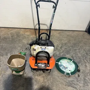 2 stroke tiller, sprinkler hose and handheld seeder