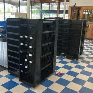 Portable candy and magazine racks. Features adjustable shelving, wire display racks, and pegboard end caps with peg hooks and wire magazine holders. B