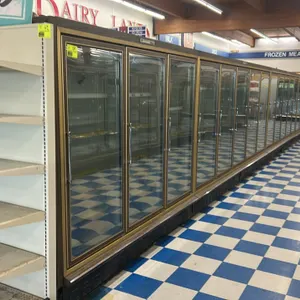 Master-Bilt EL-5 frozen food glass doors. Features adjustable wire shelving, interior lighting, and gold-tone frame trim. Electrical: 230V, 1-Phase. N
