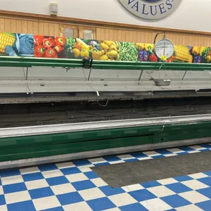 Hill 2-tier slanted produce cases. Features upper slanted glass mirrors, adjustable shelving, and integrated lighting. Dimensions: 12'L per section. E