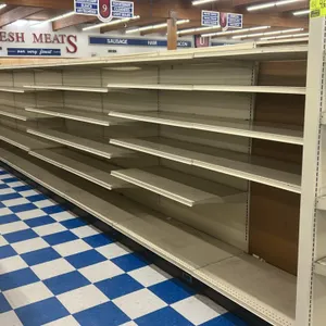 104'L of Lozier gondola shelving. Features 22"D base shelves, 77"H uprights, and adjustable upper shelves. Note: Gondola shelving is measured as the t