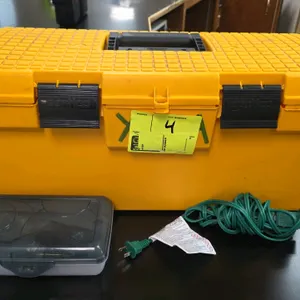 Contico poly tool box with assorted hand tools. Features yellow plastic construction with a top carry handle, dual black latches, and a removable inte