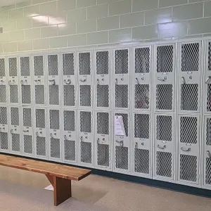 Interior Steel Equipment Co. 2-door metal lockers. Features ventilated diamond-mesh doors, interior hanging hooks, and latch handles with padlock loop