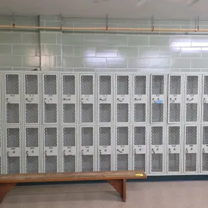 Interior Steel Equipment Co. 2-door metal lockers. Features a double-tier design with ventilated diamond-mesh doors, pull handles with padlock eyelets