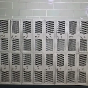 Interior Steel Equipment Co. metal 2-door lockers. Features ventilated diamond-mesh doors, latch-style pull handles, interior hooks, and a gray finish