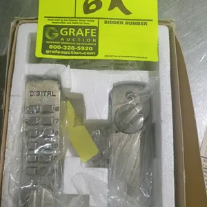 Digital mechanical keyless push-button door lock. Features satin finish, mechanical keypad entry on outer body, and thumbturn on inner body. Includes 