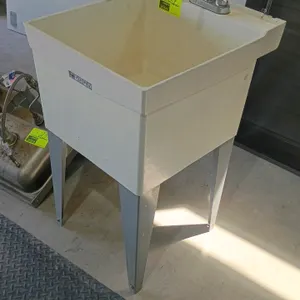 Mustee Utilatub utility tub. Features a single plastic basin and a top-mounted dual-handle faucet. Dimensions: 20"x24"x33". Mounted on four metal legs