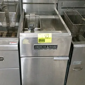 American Range gas deep fryer. Features stainless steel construction, a single vat with a crumb screen, and includes one wire mesh fry basket. Gas ope