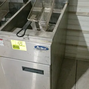 Atosa commercial gas deep fryer. Features stainless steel construction, three burner tubes, and one wire mesh fryer basket. Dimensions: 16"x30"x43". M