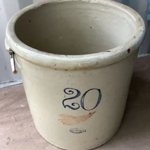 Red Wing 20 gallon crock, a few chips, pock marks, superficial cracks, otherwise great condition. Press boards for crock.