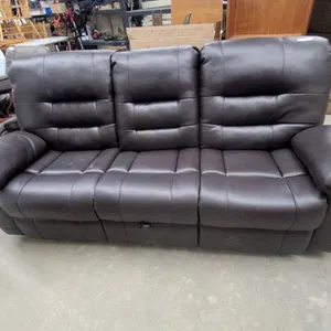 Dark Brown Faux Leather Three-Seater Reclining Sofa With Tufted Cushions 87” wide