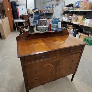 Antique Art Deco Wooden Dresser With Shell-Carved Vanity Mirror and Scrolled Supports, 67”×18”×40”
