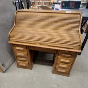 Antique Oak Roll-Top Desk S curve with Tambour Door and Pedestal Drawers 32”×50”×50”