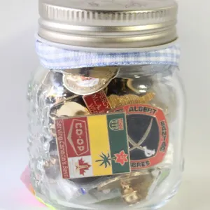 ESTATE GLASS JAR FILLED W/VINTAGE COLLECTOR LAPEL-