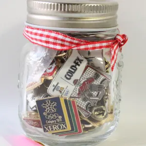 ESTATE GLASS JAR FILLED W/VINTAGE COLLECTOR LAPEL-