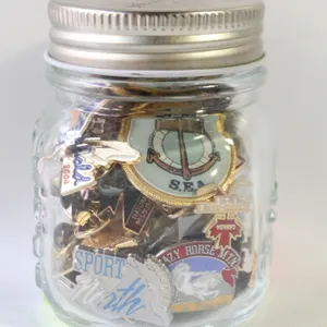 ESTATE GLASS JAR FILLED W/VINTAGE COLLECTOR LAPEL-
