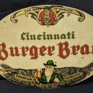 EMBOSSED TIN SIGN BURGER BRAU BEER CINCINATTI OHIO