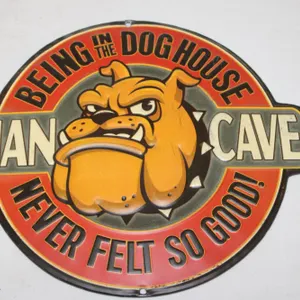 Metal Man Cave Sign Featuring Bulldog and Dog House Theme