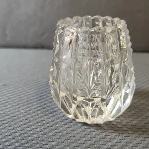 Pressed Clear Glass Votive Candle Holder with Faceted Vertical Pattern and Scalloped Rim, Decorative