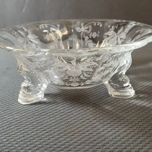 Etched Clear Glass Footed Bowl with Floral, Ribbon, and Butterfly Motif, Three Feet, Elegant Vintage