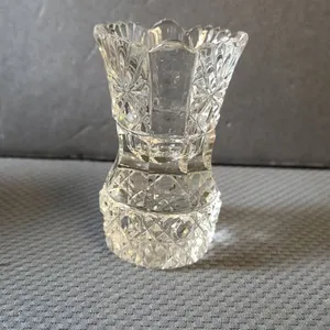 Pressed Cut Glass Toothpick Holder with Starburst and Diamond Patterns, Clear Crystal Material, Vint
