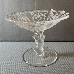 Etched Glass Compote with Ornate Scrollwork Pattern and Decorative Stem, Clear Pressed Glass