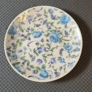 Vintage Japanese Porcelain Plate with Blue Roses and Green Floral Pattern, Marked Japan, Circular Sh