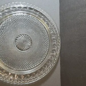 Vintage Clear Pressed Glass Serving Platter with Geometric and Circular Edge Patterns, Elegant Cente