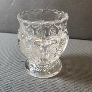 Pressed Clear Glass Antique Toothpick Holder with Scalloped Rim and Patterned Panels Design (No Meas
