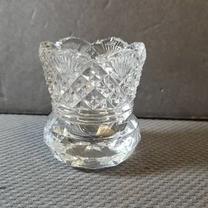 Cut Glass Crystal Toothpick Holder with Scalloped Rim and Diamond Patterned Sides, Clear Decorative