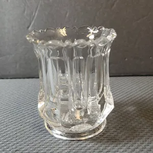 Pressed Glass Toothpick Holder with Scalloped Edge and Vertical Ribbed Design, Clear Patterned Base