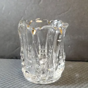 Pressed Clear Glass Toothpick Holder With Scalloped Rim and Starburst Base, Gold Rim Detail, Vintage