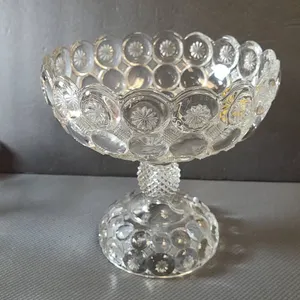 Early American Pattern Glass 3 Mold Pedestal Serving Dish With Manufacture Errors, Pressed Glass Mot