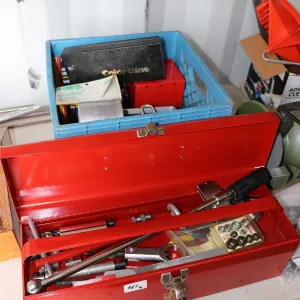 Large selection of hand tools including 1/2" drive torque wrench, AC charge kit, assorted pullers, r