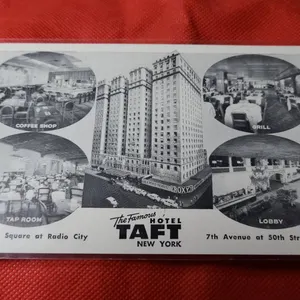 Hotel Taft New York Unused Postcard Featuring Times Square, Radio City, and Venue Interiors Circa Mi