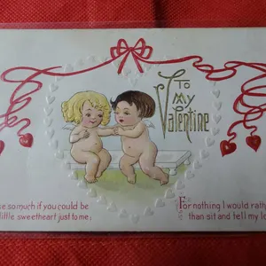 1914 Embossed Valentine Postcard with Cherubs, Red Ribbon Hearts, and Handwritten Addressed Backing