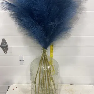 Clear Glass Urn Vase with Blue Faux Plumage