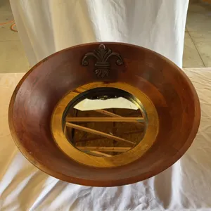 Porthole Framed 2 Tone Wood Mirror w/ Carved Fleur de Lis