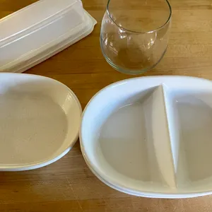 Kitchen Lot - Oval Dishes and Rubbermaid Butter Keeper, Stemless Wine Glass