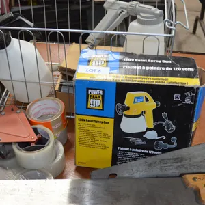 Power Fist 120v Sprayer, 1 Hand Pump Sprayer, Approx. 9 Rolls of Plastic Packing Tape plus gun, Air Sprayer, Stanley Mitre Saw, Band Saw