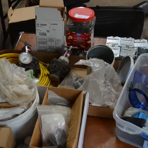 2 Air Regulators with Small Yellow Hose, Small container of Ground Clamps, Little Grant 12 volt Pump