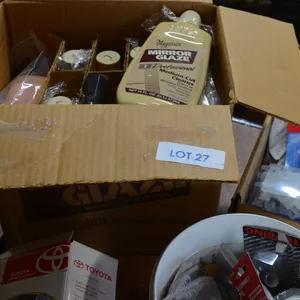 Approx. 4 Flood Lights in a box of Misc., Outdoor Light Stakes, Gutter Grabbers, Toyota Touch Wash and Shine Kit, Box of Mirror Glaze Med. Cut Cleaner